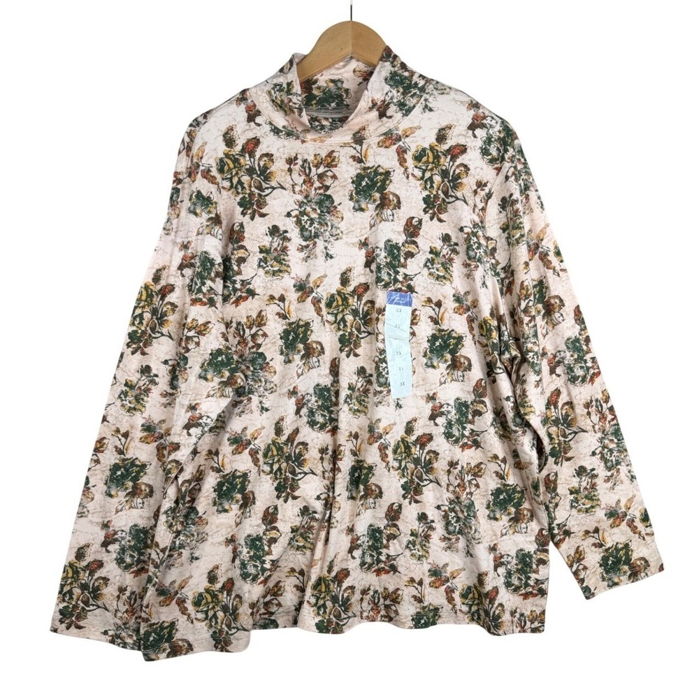 Laura Scott Women Floral Mock Neck Top 3X Cream Green Cotton Long Sleeve 047771